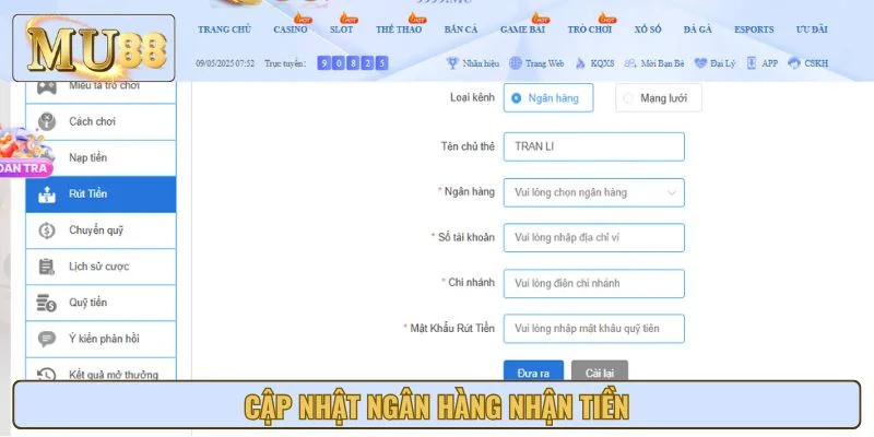 Điền tài khoản nhận theo hướng dẫn rút tiền